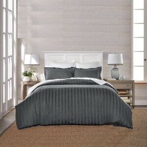 CHARCOAL GRAY Charter Club Stripe 550 TC 100% Cotton FULL/QUEEN Duvet Cover Set